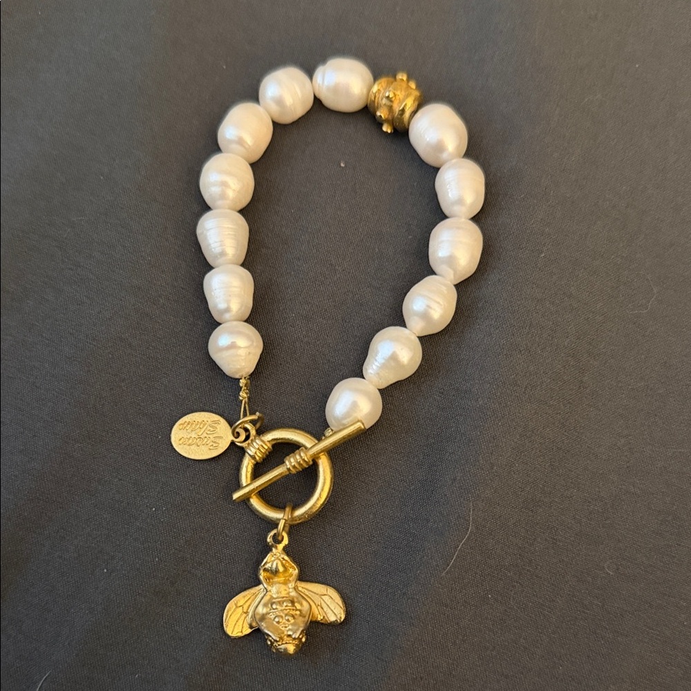 Gold Bee Charm White Pearl Bracelet - Women Jewelry Bracelets